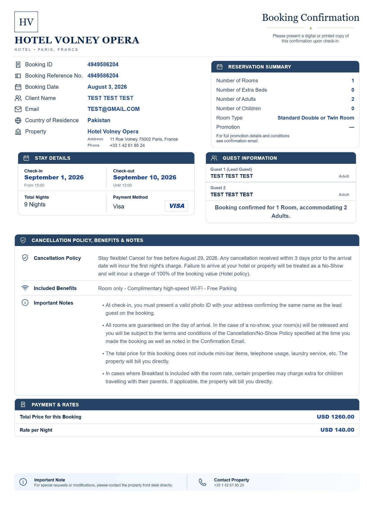 Sample of Classic Official Hotel Itinerary